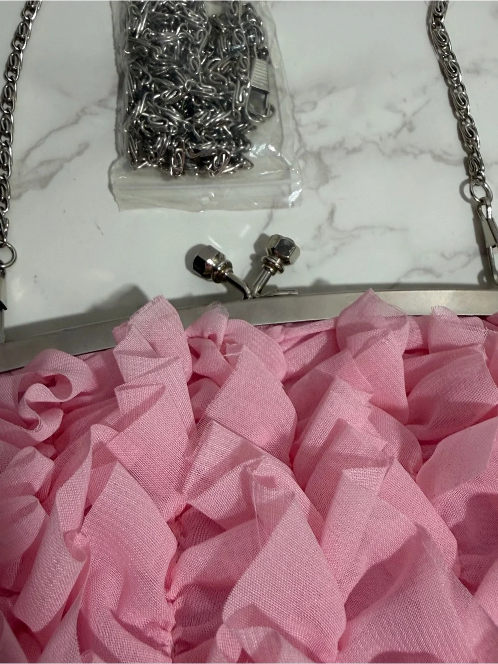 Pink Ruffle Evening Clutch/Crossbody Crystal Embellished Kiss-Lock Handbag